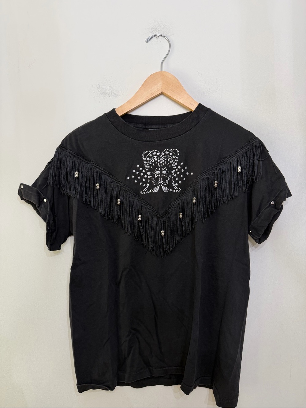 Vtg Cowboy Western Festival Concert Fringe Embellished Studded Tshirt Women’s M